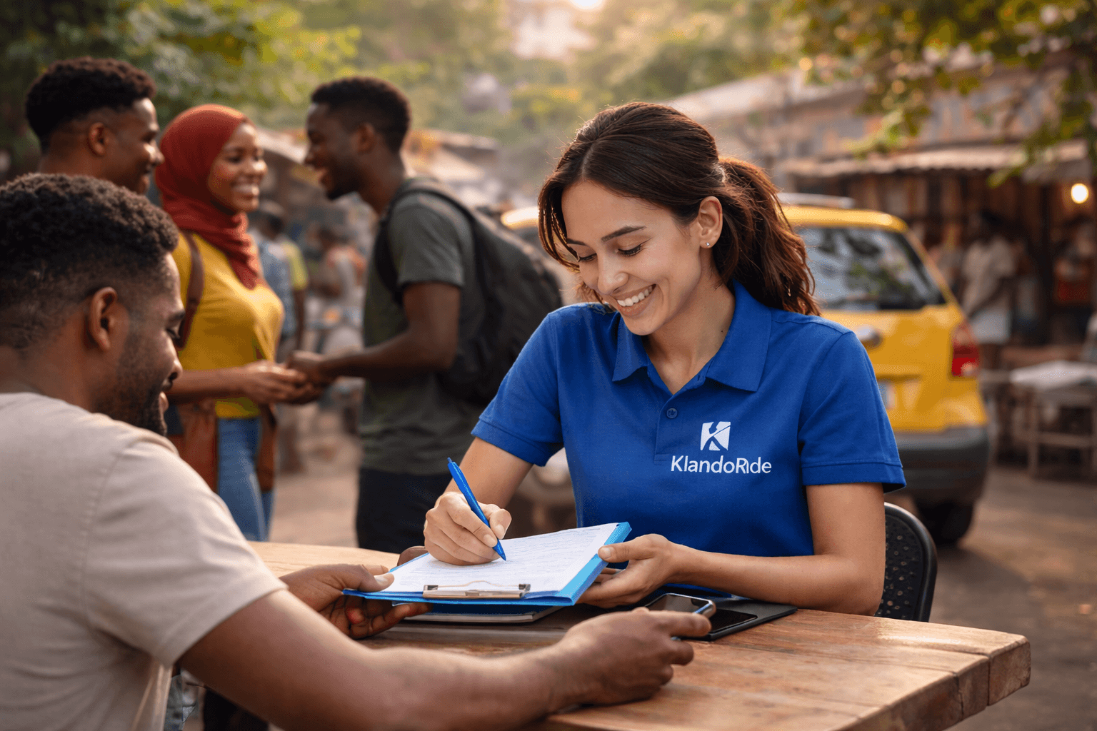 woman sitting around table holding tablet