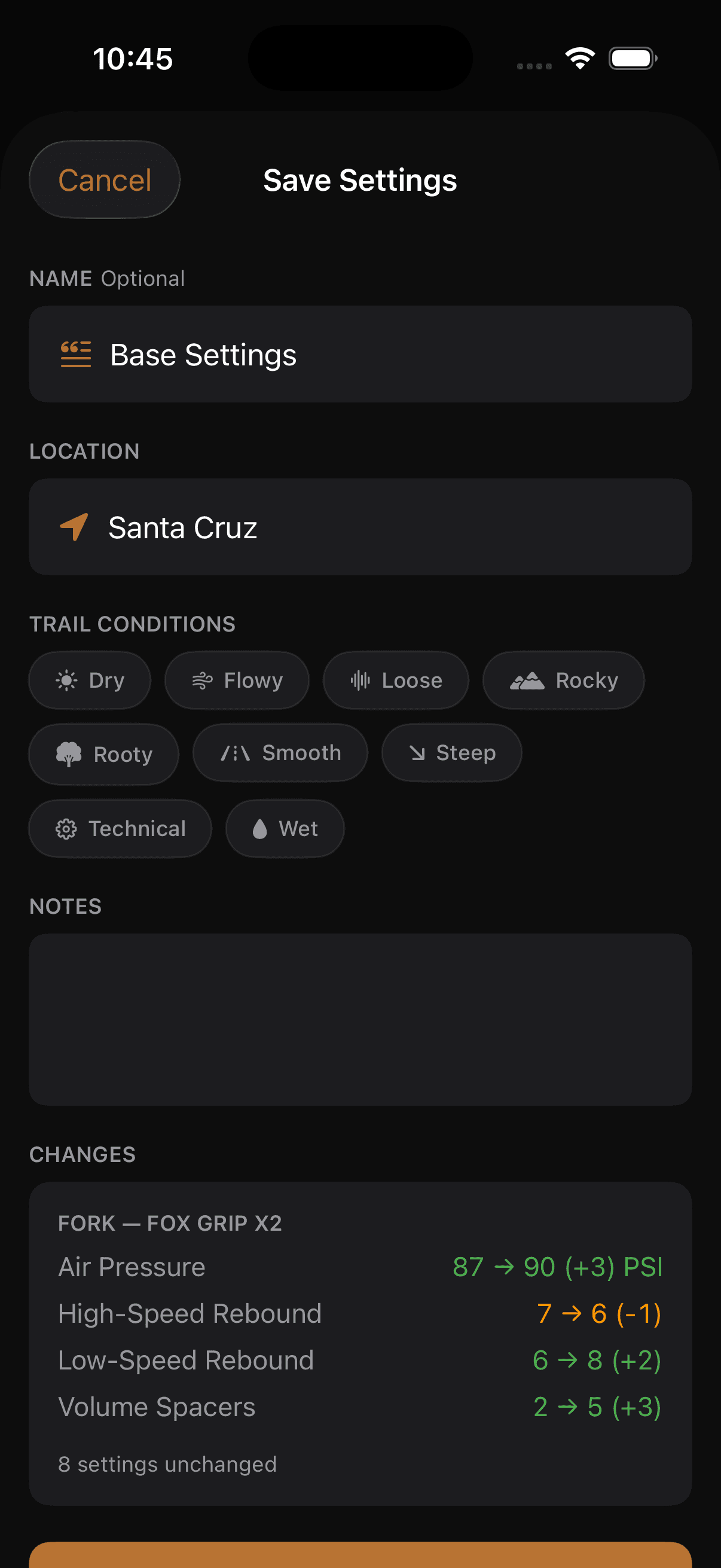 Tune Pro app: save settings with change log