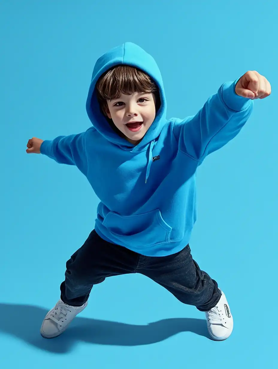 A joyful child striking a playful pose in vibrant denim, symbolizing the dynamic and enriching opportunities in United Nannies’ exceptional network.