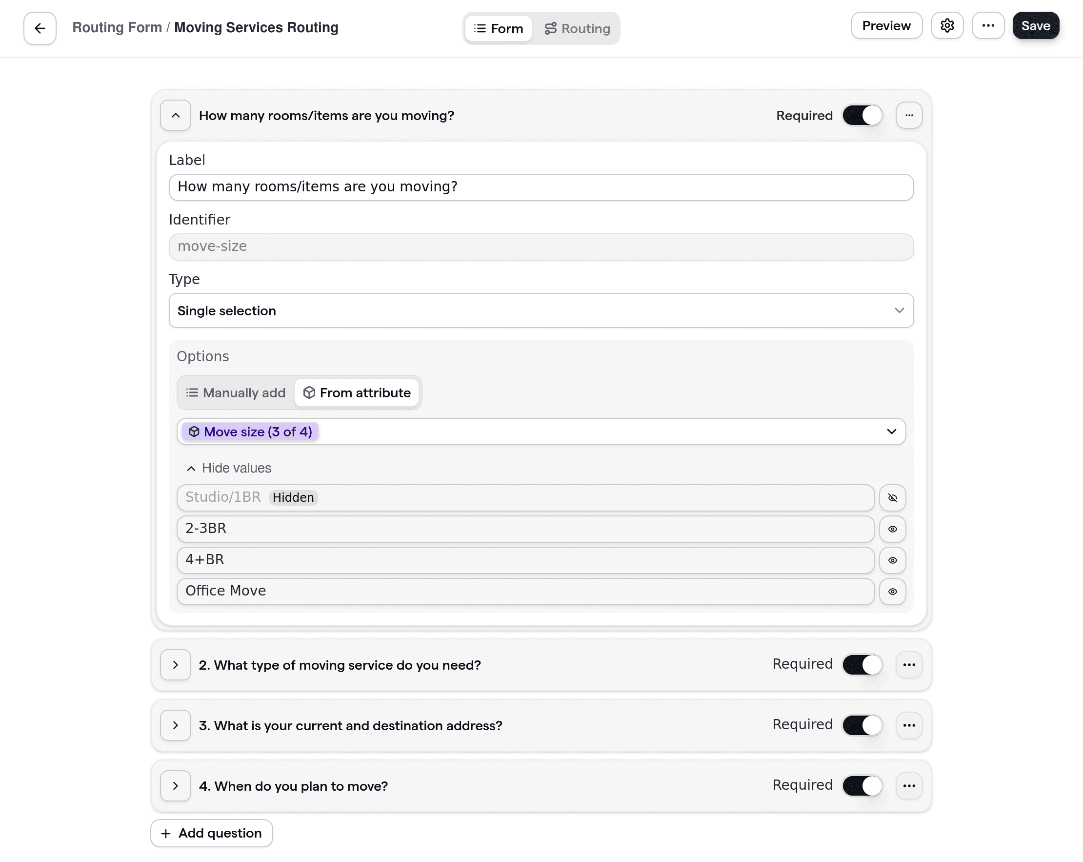 Booking form for moving services showing questions about service type, addresses, and move date.