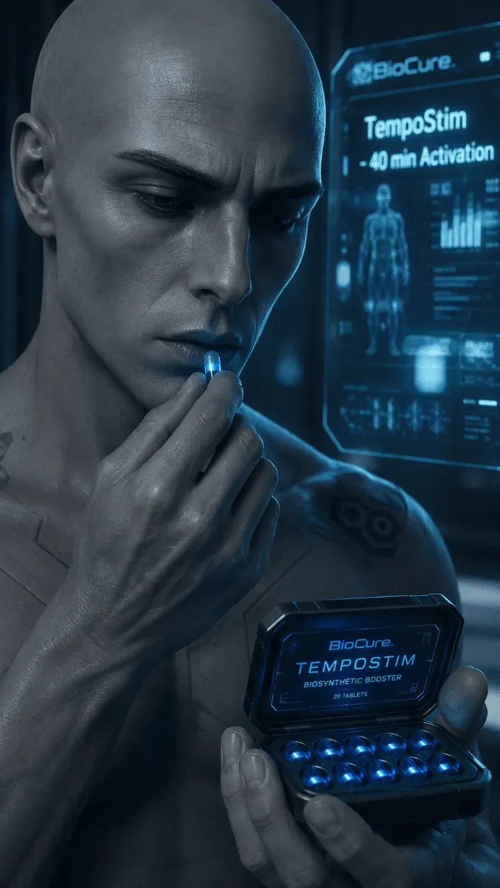 Nanomorf I: Değişikler – BioCure merkezinde tempostim tüketen Gri varyantı. Jurassic Park estetiğinde, yerli biyopunk bilimkurgu serisine ait karakter detay görseli.