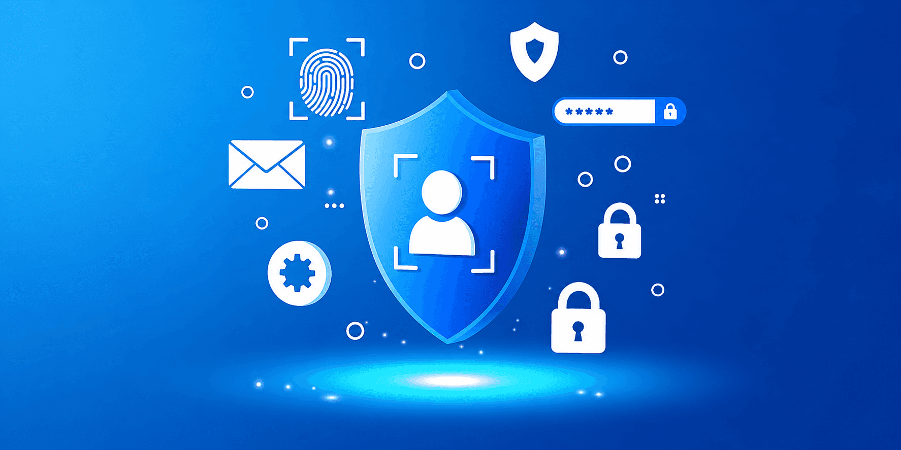 Blue graphic of a user security shield surrounded by authentication icons like fingerprints and locks.