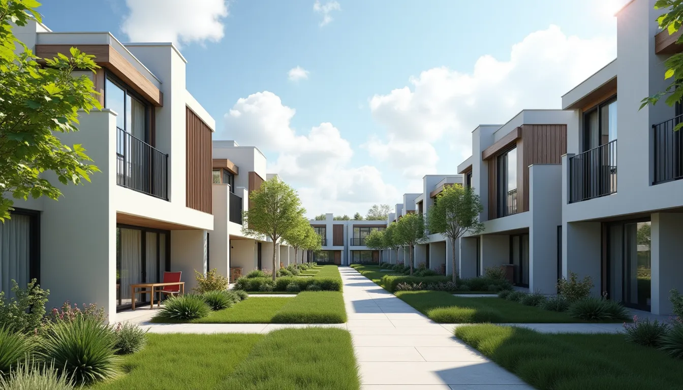 Modern residential apartment development with landscaped pathways in UK investment property market.
