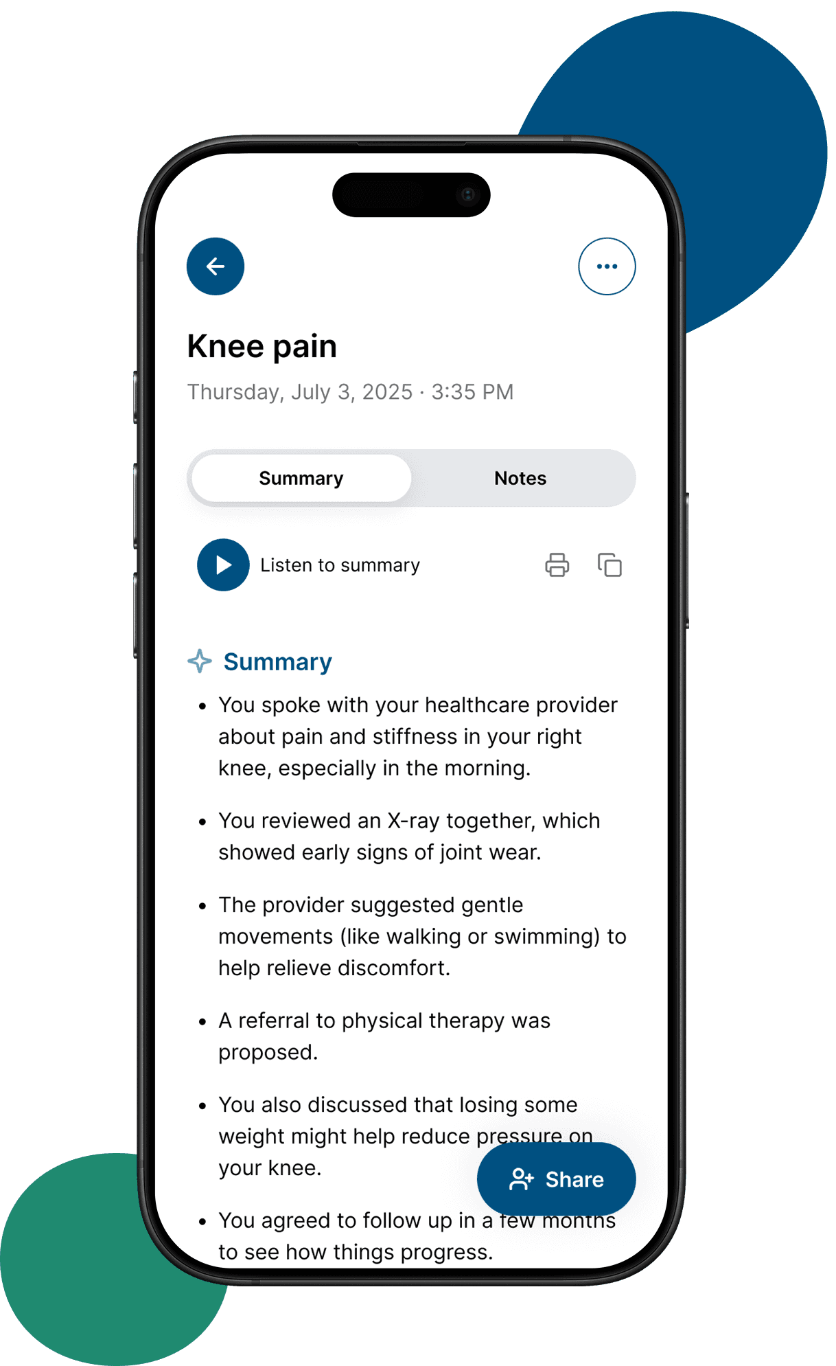 Emilia application interface on mobile phone showing a summary of a meeting with a doctor for knee pain