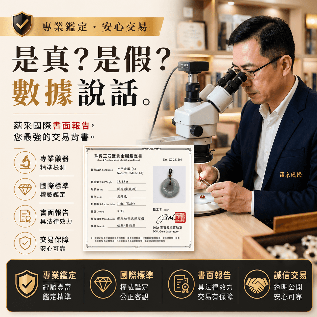 蘊采國際專業鑑定師專注使用顯微鏡觀察紅寶石，旁附專業鑑定書面報告。主視覺強調「是真？是假？數據說話」，展現蘊采國際提供具備公信力的交易背書與科學鑑定服務。