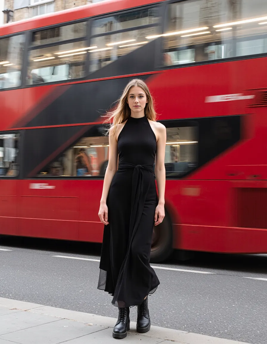 Elegant black dress contrasted against a blurred red London bus in motion, creating a sophisticated urban street style fashion moment