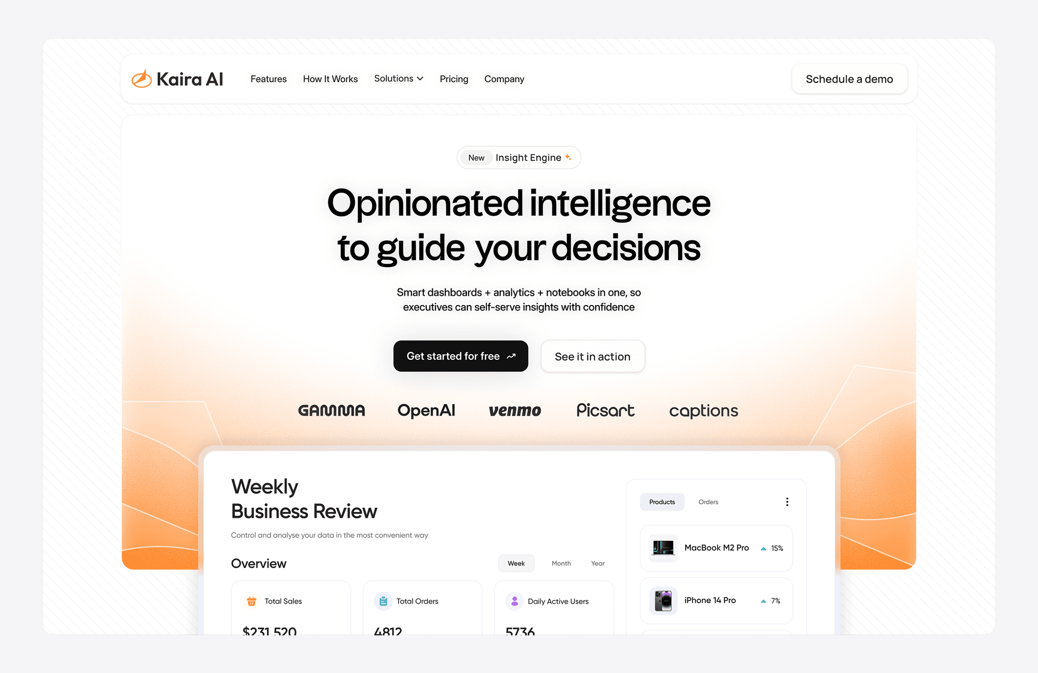 The image shows a website homepage for "Kaira AI," featuring a navigation bar with options like Features, How It Works, Solutions, and Pricing, alongside a prominent headline that reads "Opinionated intelligence to guide your decisions," set against a white and orange gradient background, with buttons for getting started or seeing the platform in action.