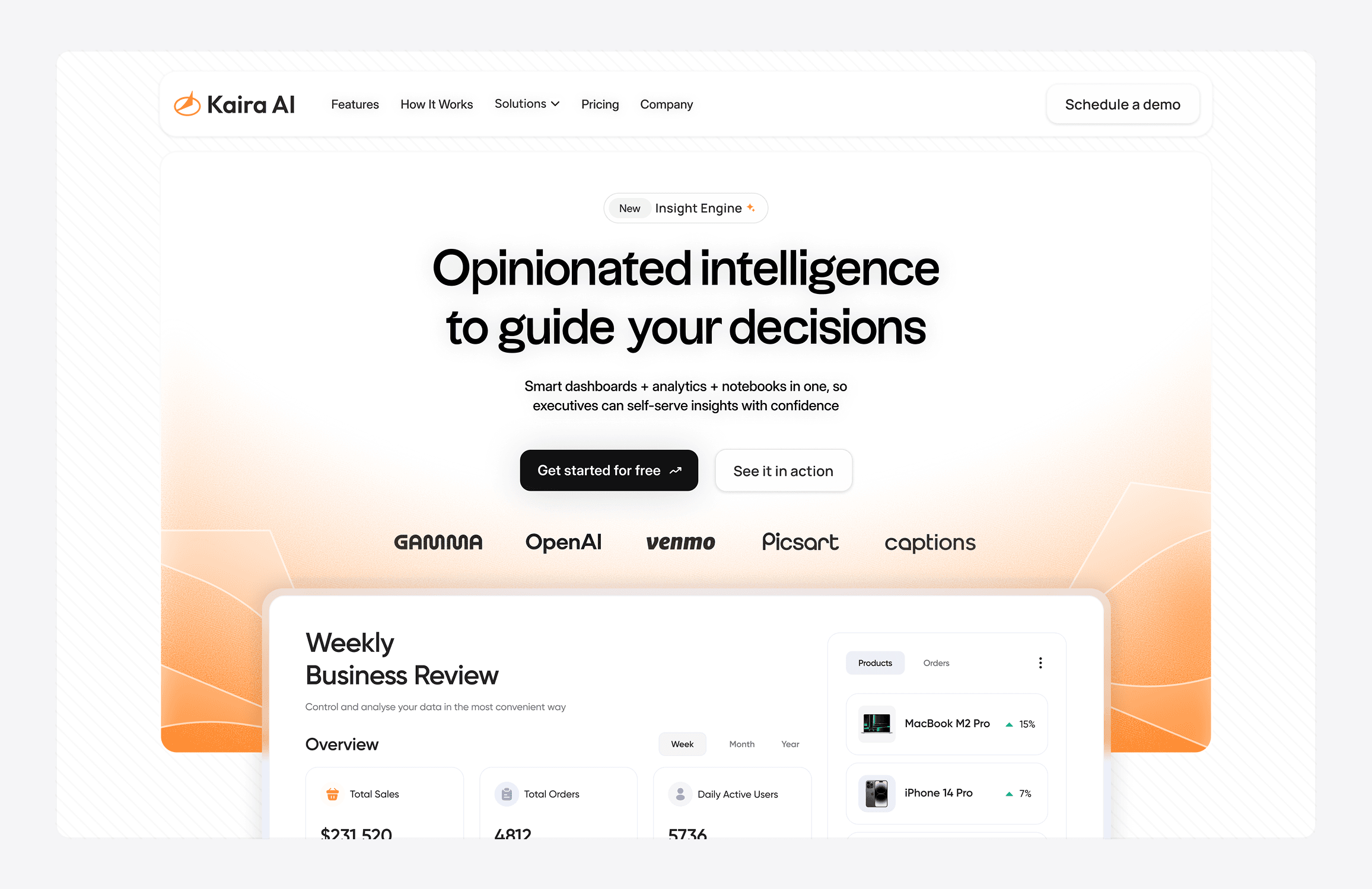 The image shows a website homepage for "Kaira AI," featuring a navigation bar with options like Features, How It Works, Solutions, and Pricing, alongside a prominent headline that reads "Opinionated intelligence to guide your decisions," set against a white and orange gradient background, with buttons for getting started or seeing the platform in action.