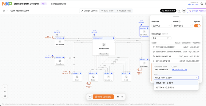 Supply nets on the design canvas with net names, voltages and the supply port picker