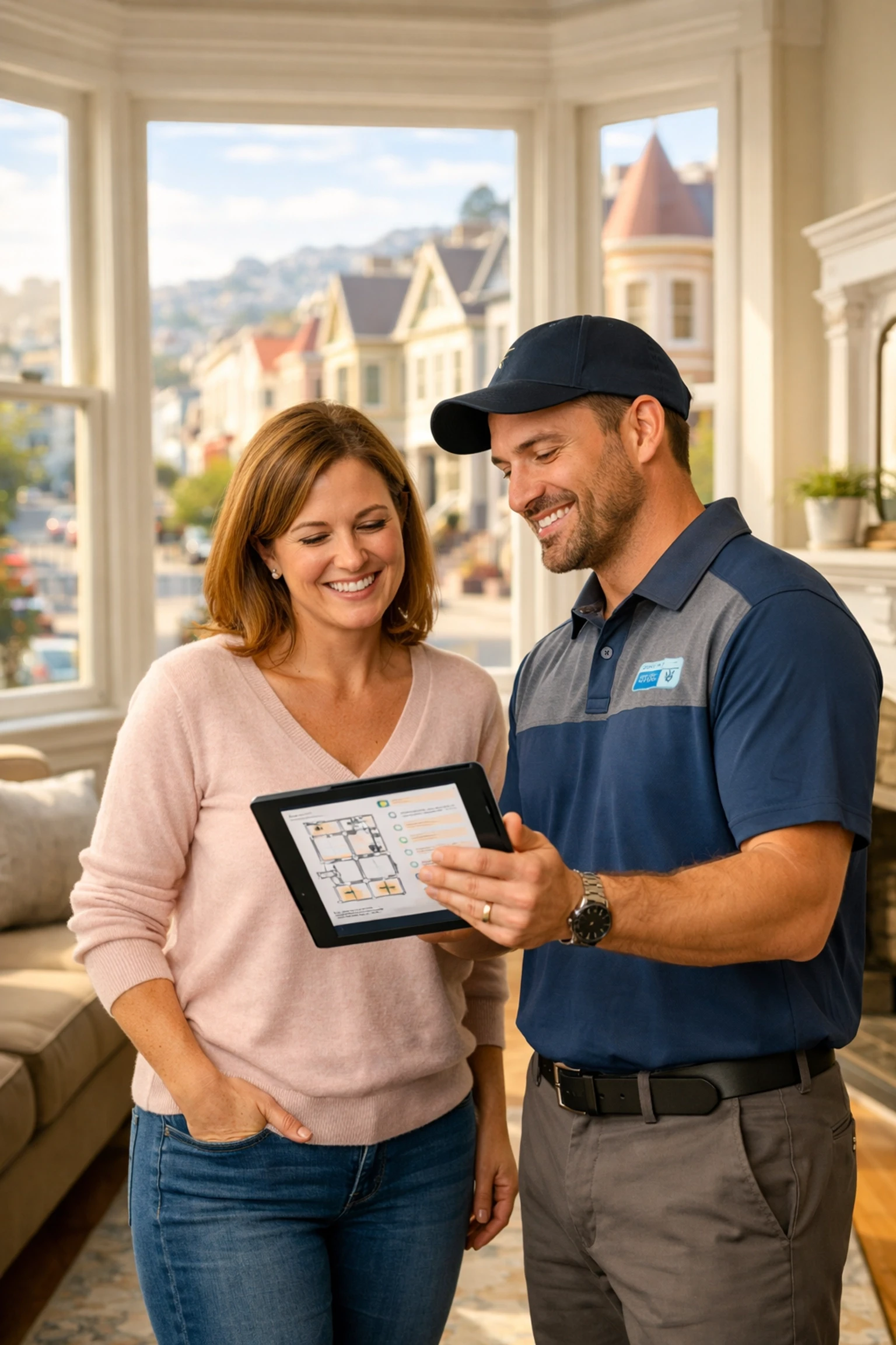 Homeowner reviewing a transparent San Francisco moving quote with a professional packing service consultant.