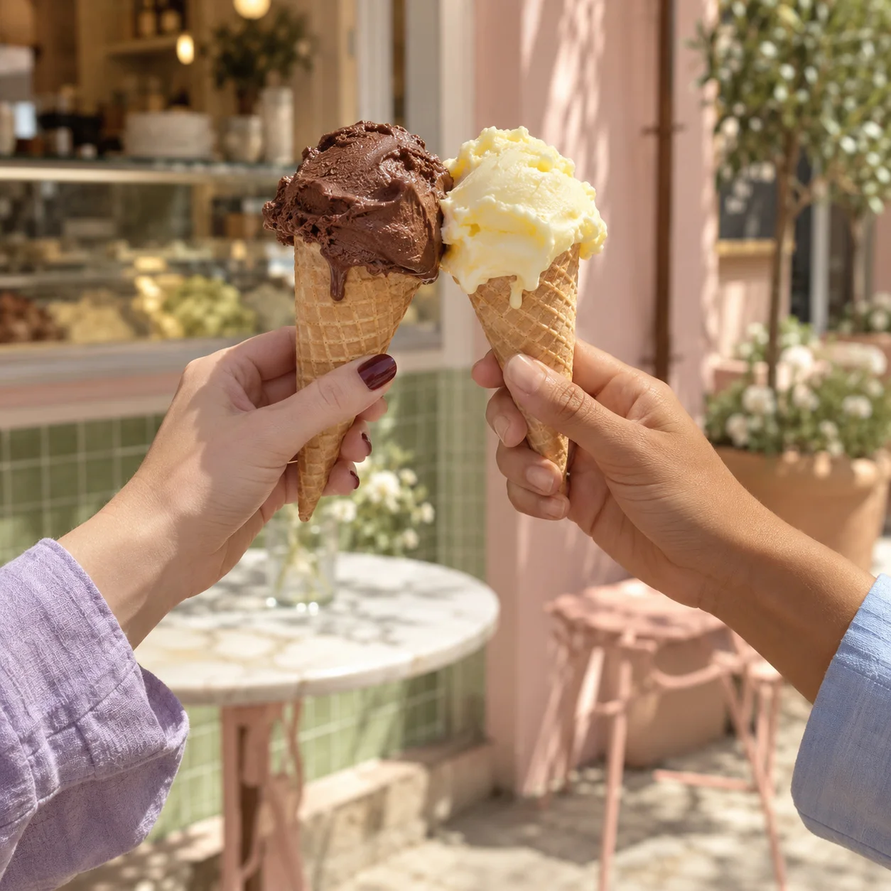 Two friends clinking chocolate and lemon gelato cones