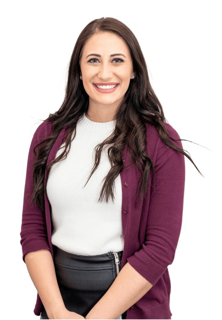 woman in red cardigan smiling (Background Removed)