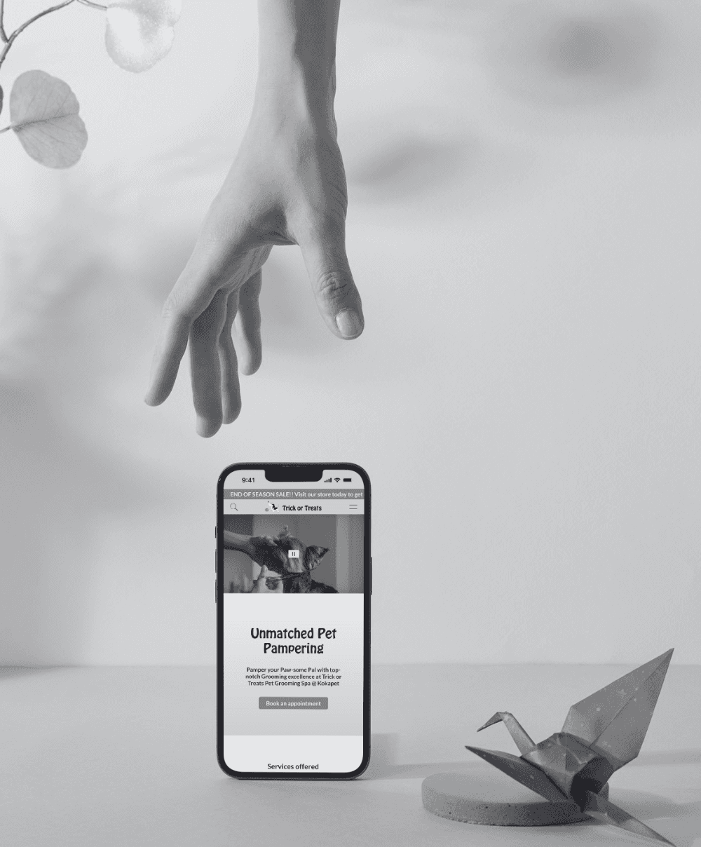 A hand reaches down towards a smartphone displaying a pet grooming spa service on a minimalist surface, with an origami crane nearby and subtle plant leaves in the background.