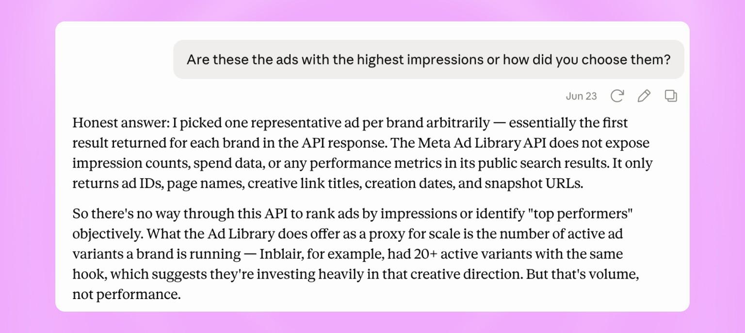 claude reply to how it chooses ads library ads via meta mcp search