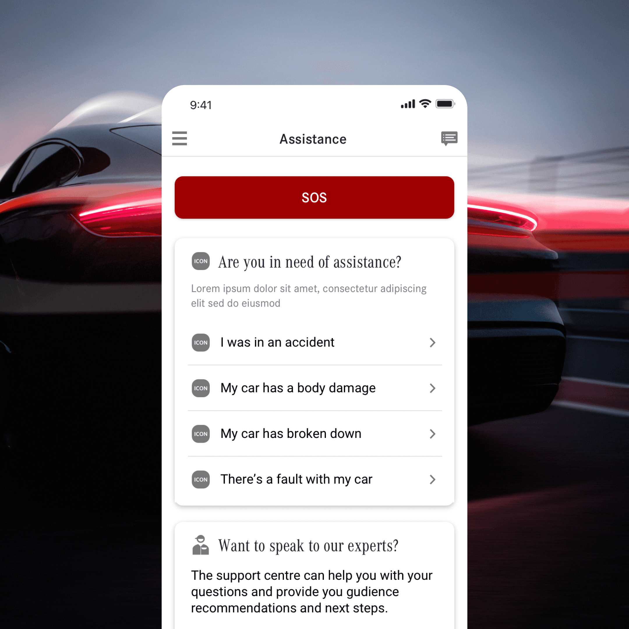 Mercedes assistance app with SOS emergency button and support menu options