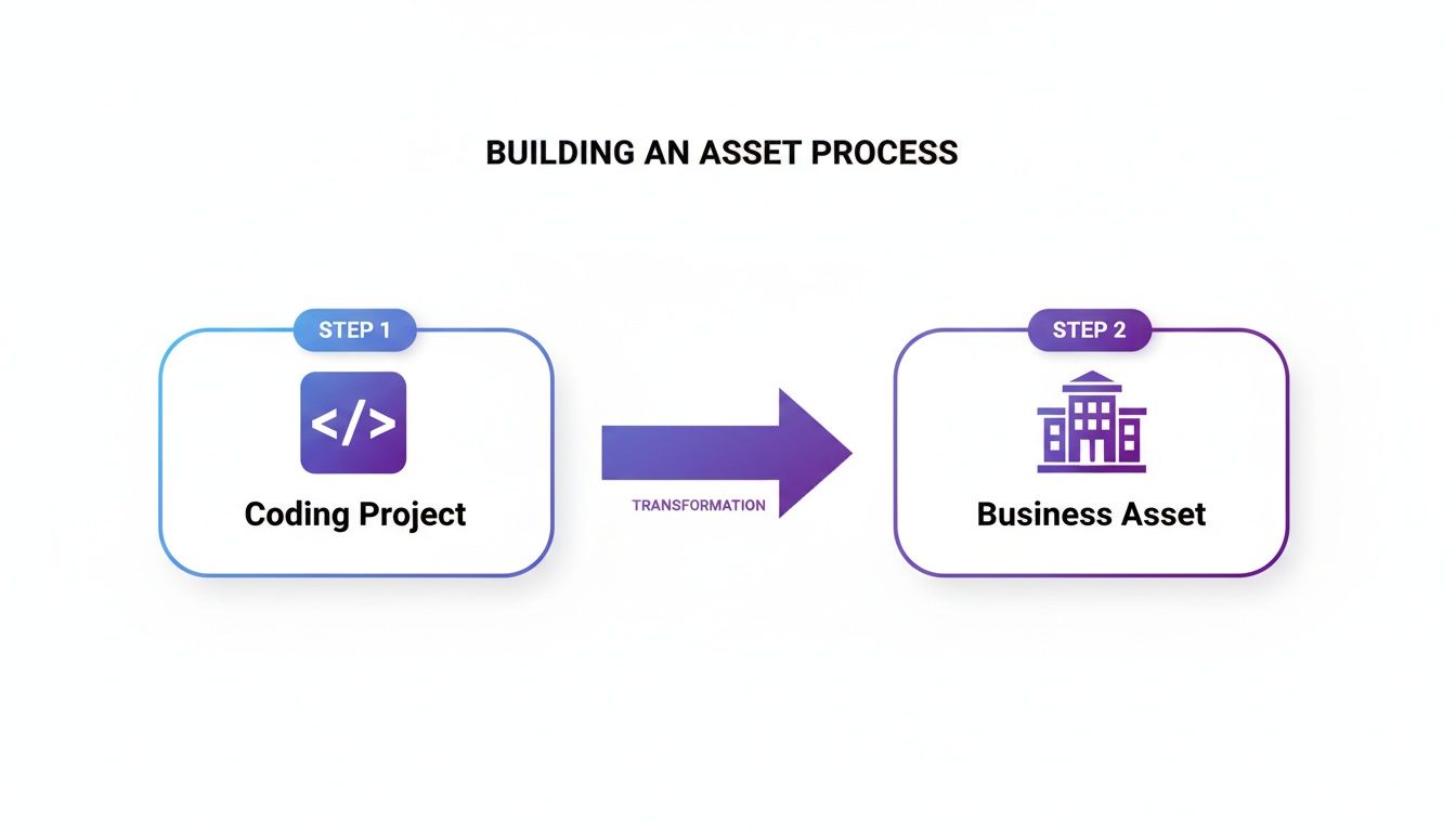 Diagram showing a coding project transforming into a business asset, outlining a two-step process.