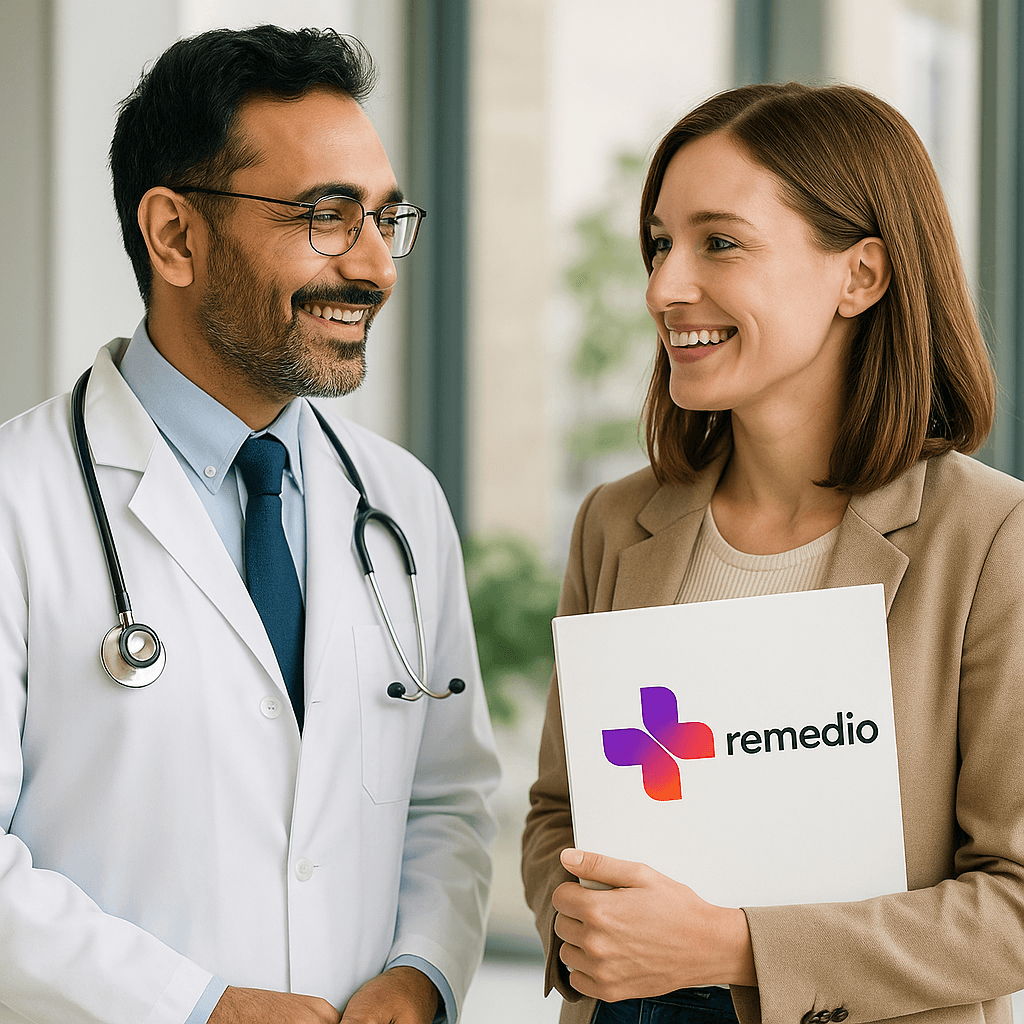 Uśmiechnięty lekarz w białym fartuchu ze stetoskopem rozmawia z pacjentką, która trzyma kartę z kolorowym logo ‘remedio’.