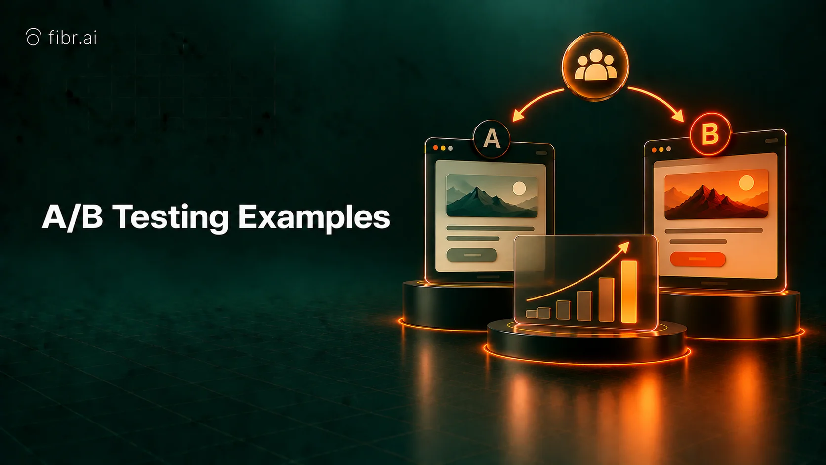 A/B testing examples with website variants and performance analytics.