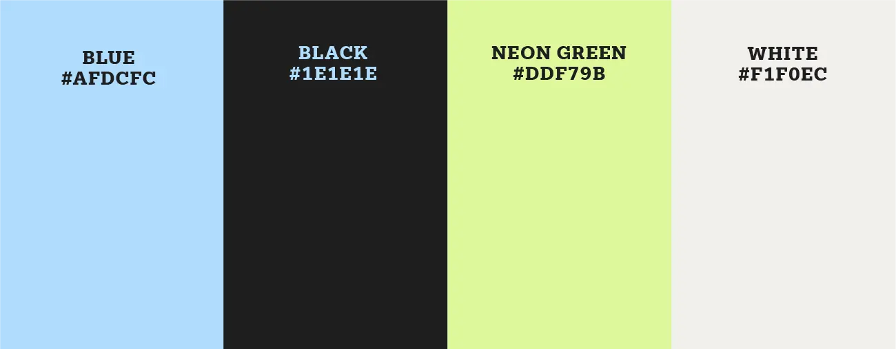 Technical brand colors for Mezzala including Electric Blue (#AFDCFC), Charcoal (#1E1E1E), and Neon Green (#DDF79B).