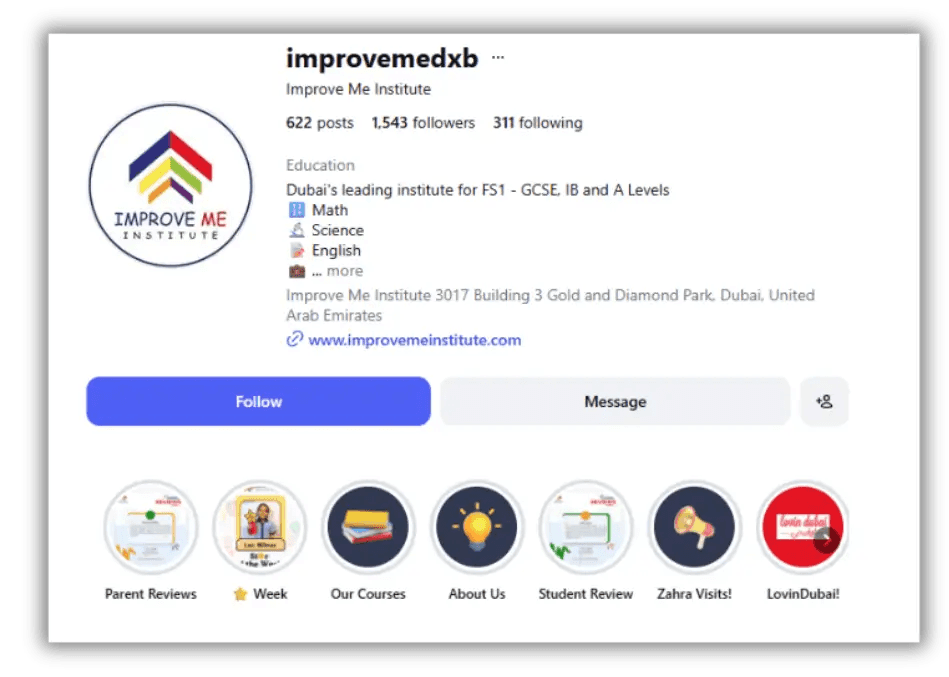 Improve Me Institute Dubai Instagram profile showcasing GCSE, IB, and A Level tutoring services.