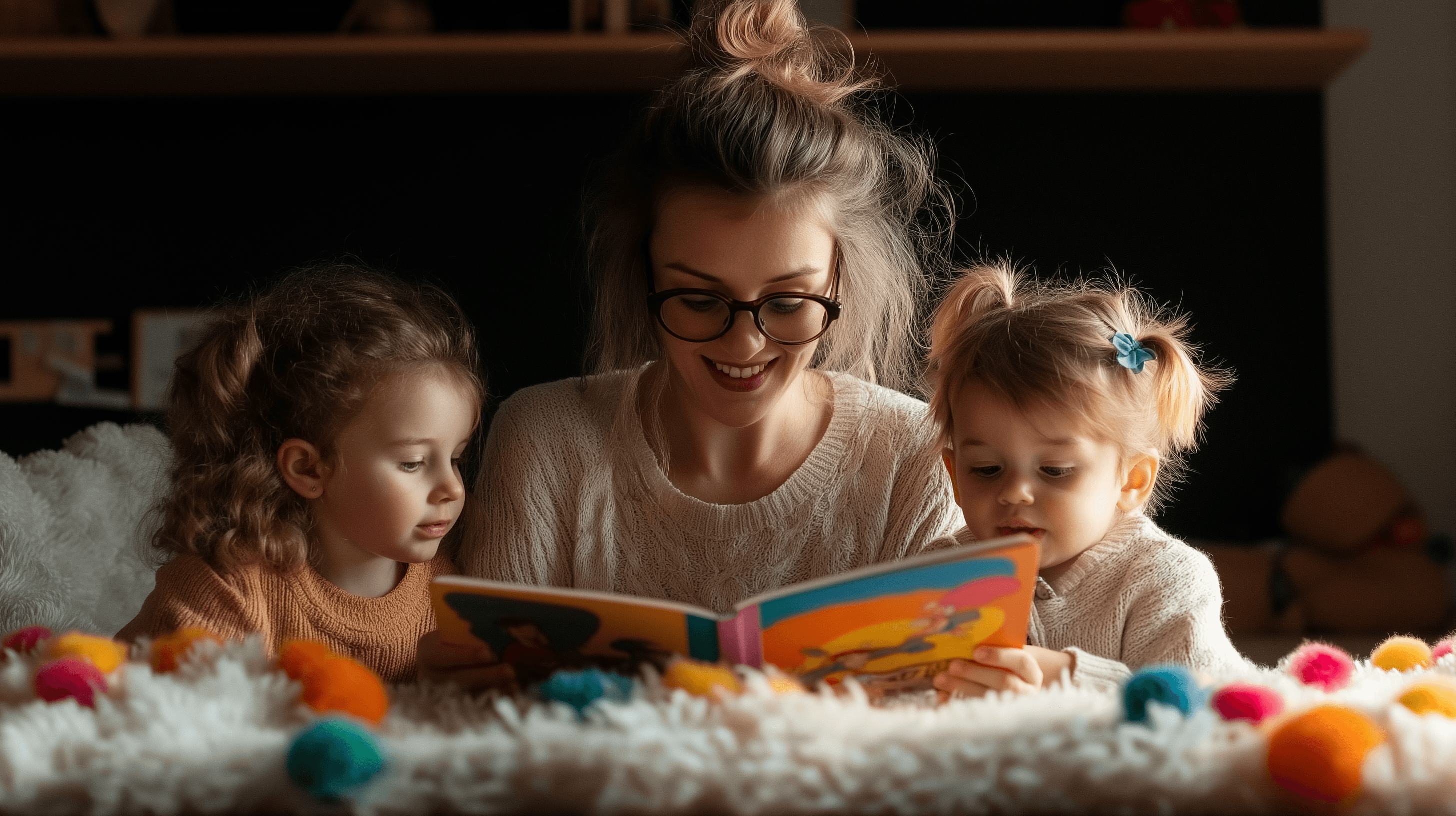 Nanny reading a book to preschoolers in a cozy living room