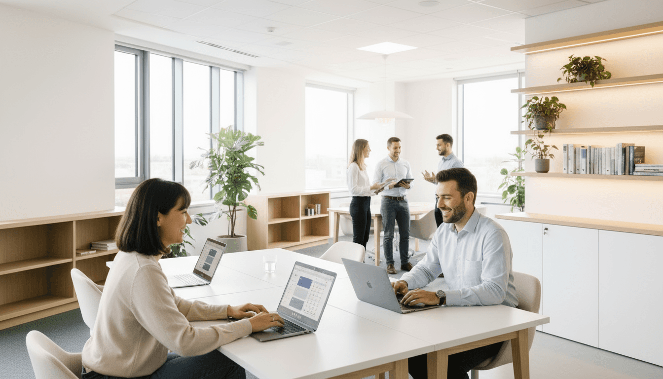 Im vordergrund befinden sich zwei Personen, die am Laptop arbeiten. Im hintergrund steht eine Gruppe aus 3 Personen, die sich unterhalten.