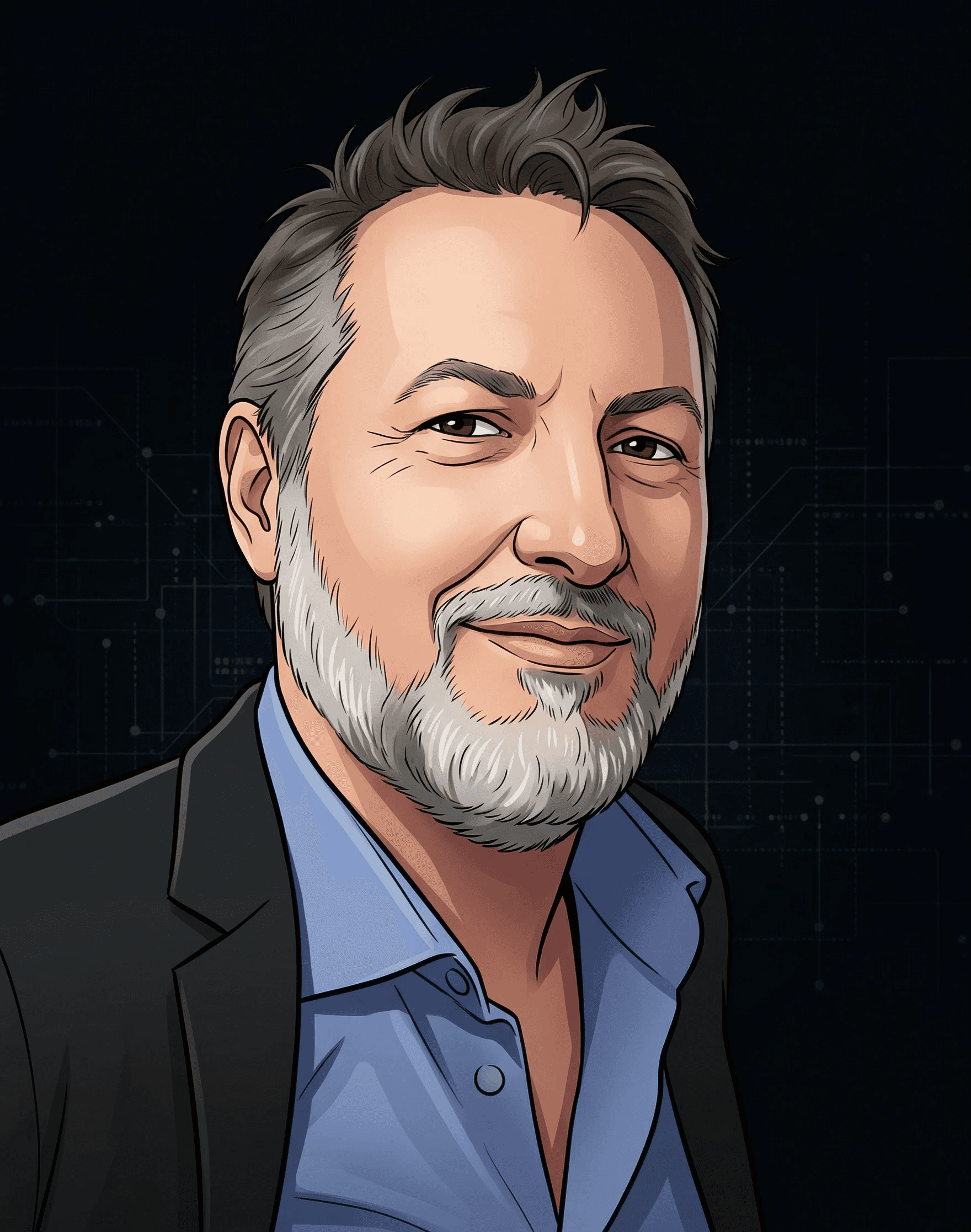 Illustrated headshot of Rob Whitaker with grey streaked hair and beard, wearing a dark blazer over light blue shirt against a dark tech-patterned background.
