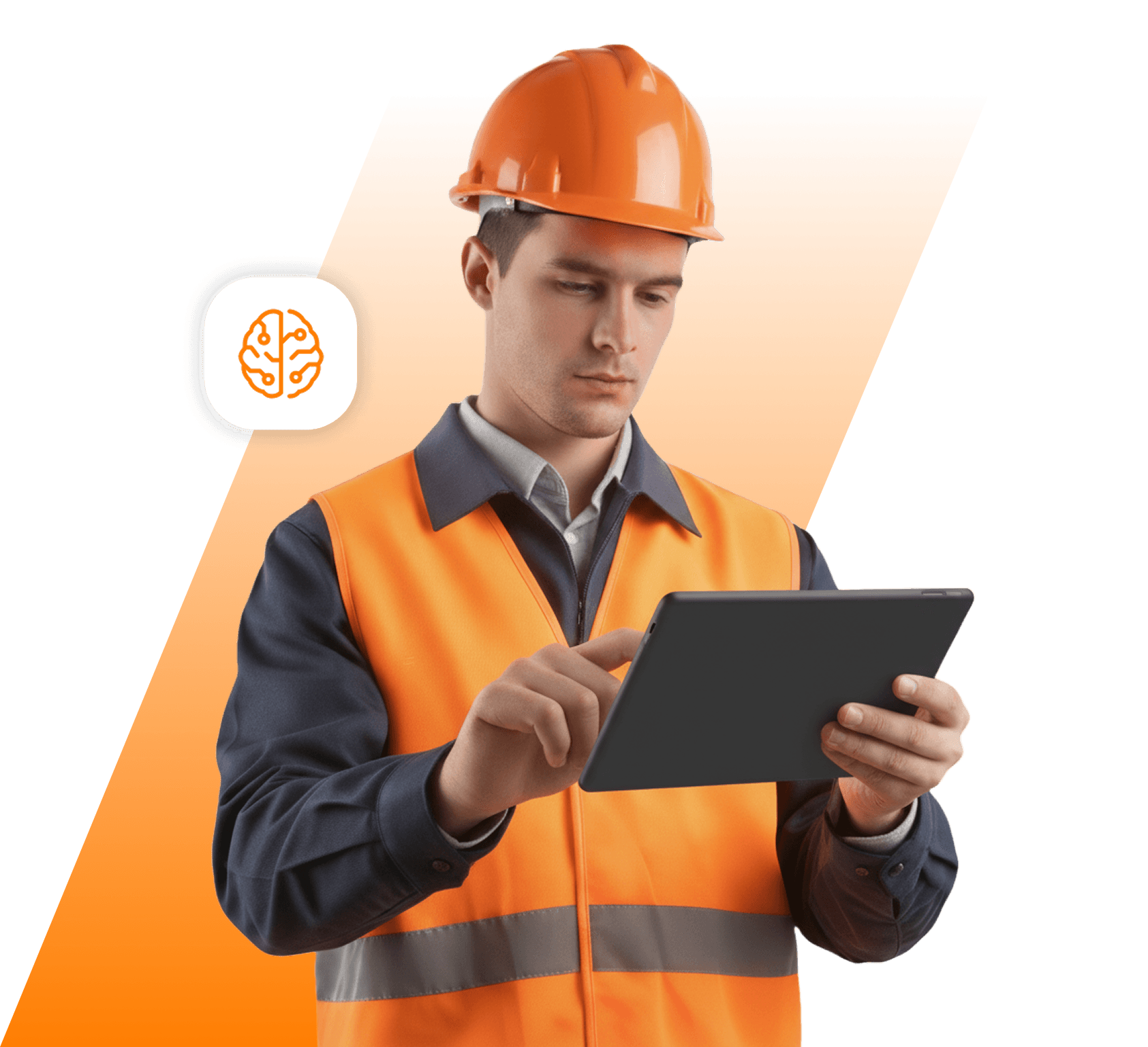 Trabalhador com capacete de segurança, mexendo no telefone, com símbolos do sistema Geequip ao redor