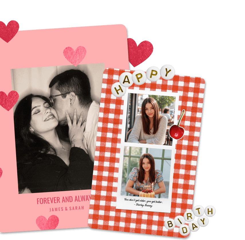 Greeting card samples with a 'Forever and Always' anniversary design and a checkered 'Happy Birthday' photo card
