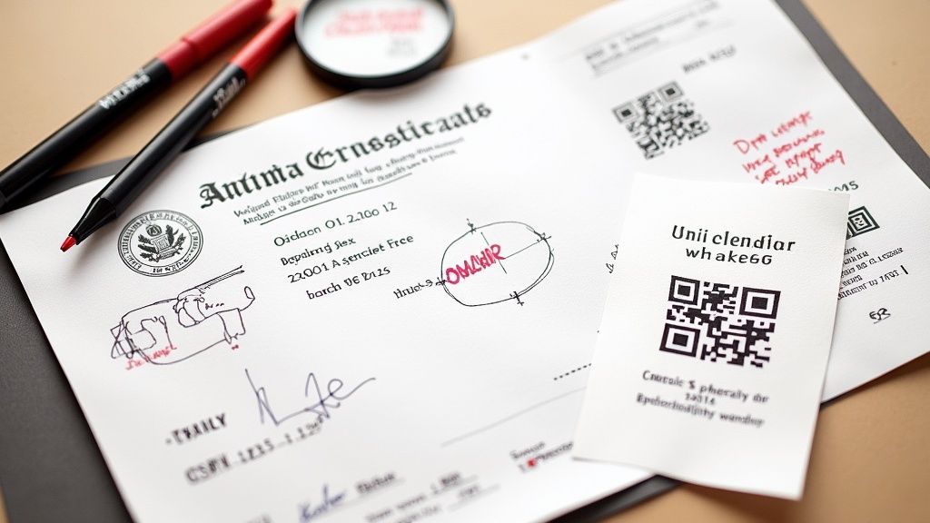 A close-up of a document labeled 'Animal Health Certificate' being filled out by a veterinarian.