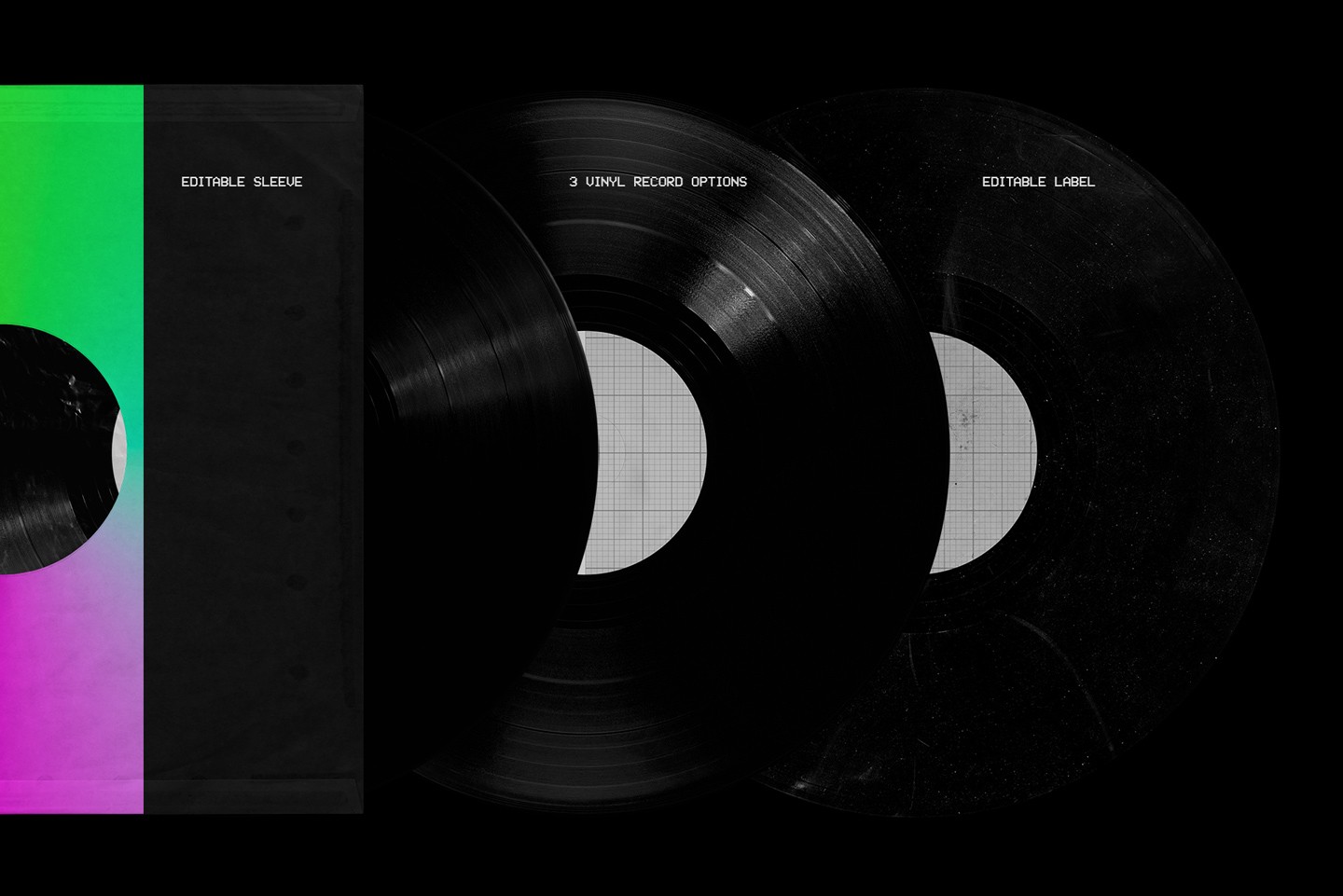 Vinyl record mockup showing three realistic vinyl record variants with editable labels