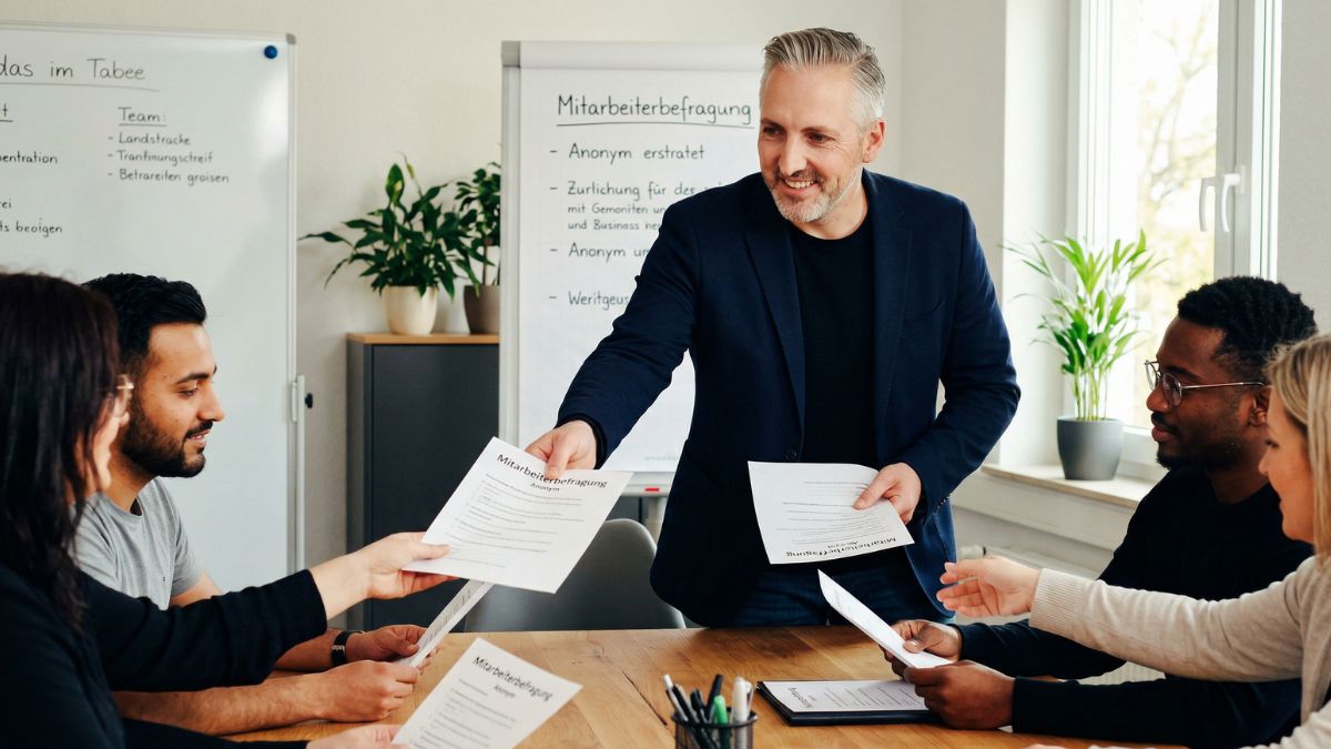 HR-Managerin verteilt anonyme Fragebögen zur psychischen Gefährdungsbeurteilung an Mitarbeiter