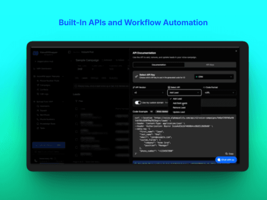API documentation dashboard showing webhook configuration, CRM integrations, and workflow automation for syncing AI call and chat data with tools like HubSpot, GoHighLevel, and Zapier.