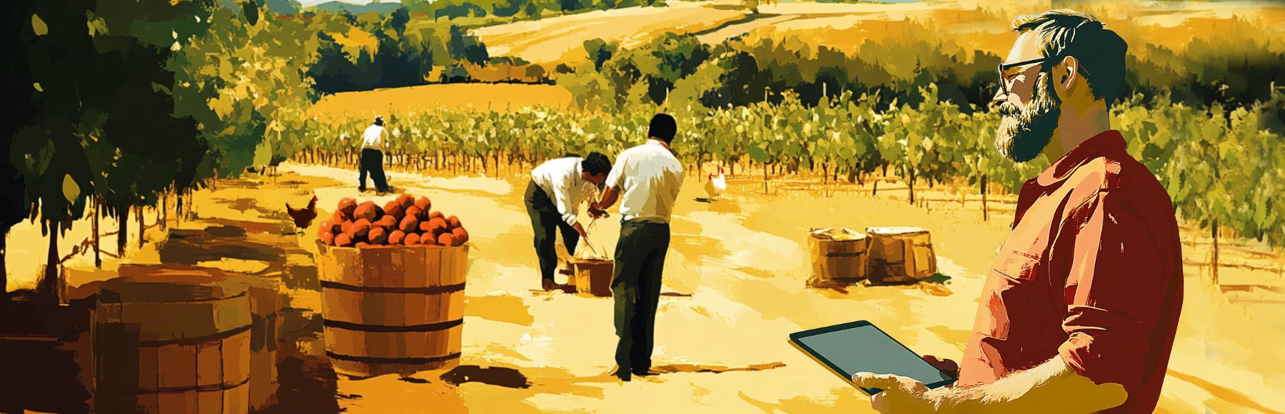 man in field manages workers on an ipad