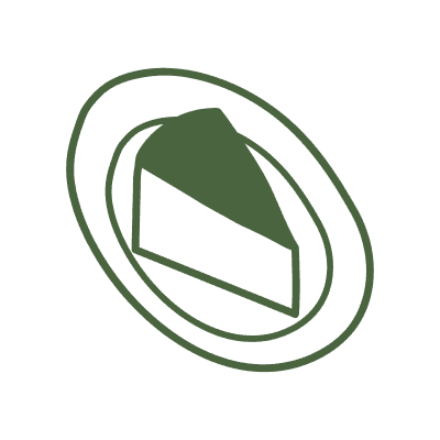 A triangular slice of layered cake on a plate, shown in perspective with visible layers, rendered in olive green with the cake portion filled in solid color