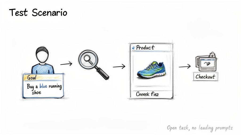 Flowchart illustrating a user testing scenario for buying a blue running shoe, from goal to checkout.