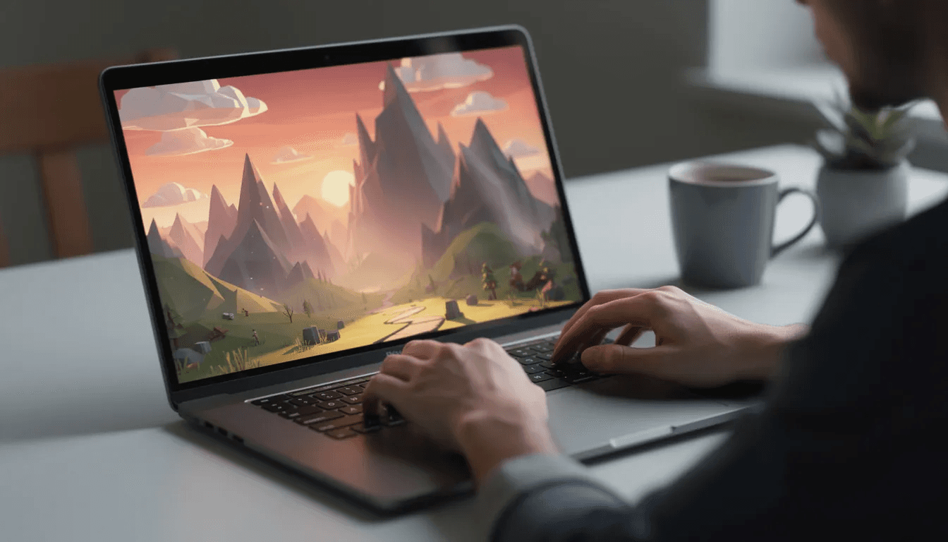 A person is typing on a laptop, with a stylized game world featuring majestic mountains and a vibrant sunset displayed on the screen. This scene captures the essence of game development, where creativity and programming come together to create an immersive experience.