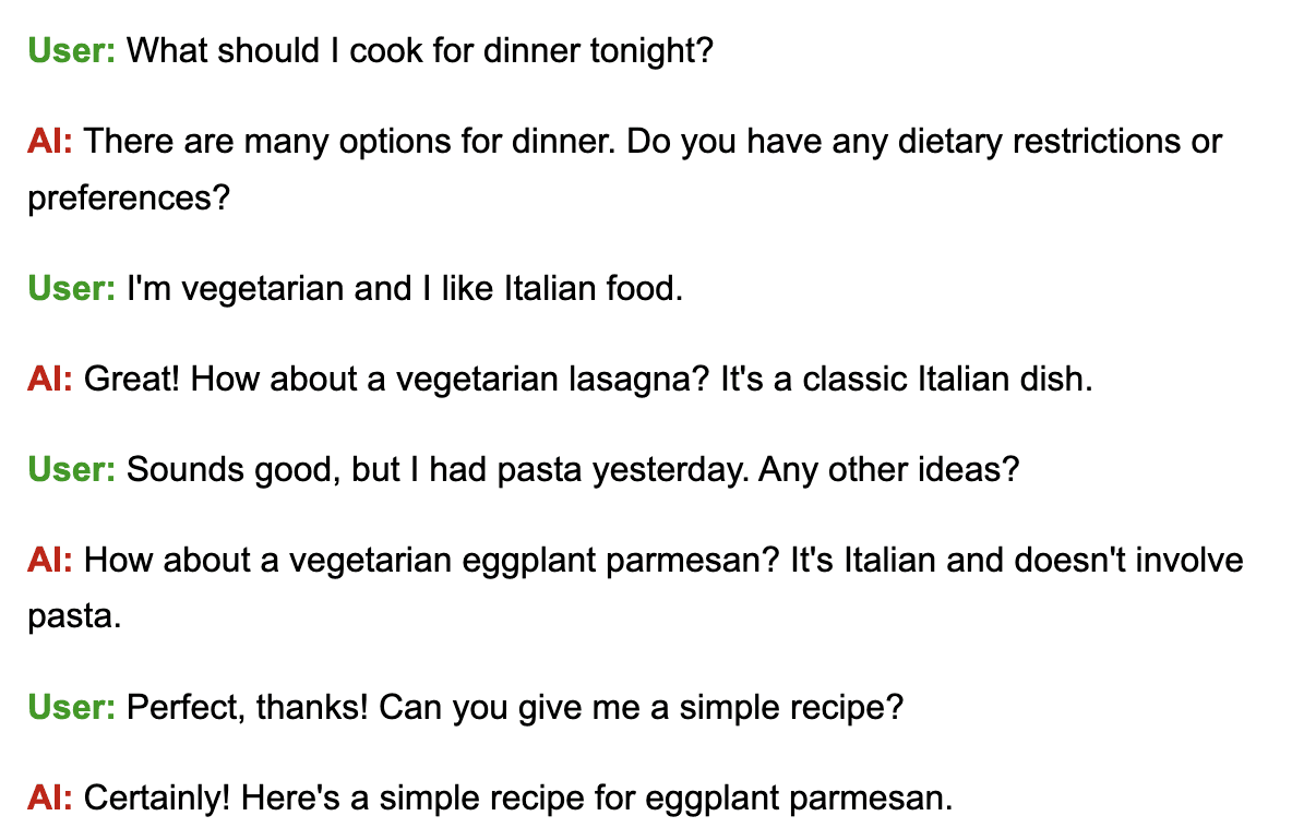 Chat transcript: without memory, the AI keeps re-asking a vegetarian user about dietary preferences and suggests pasta they already had