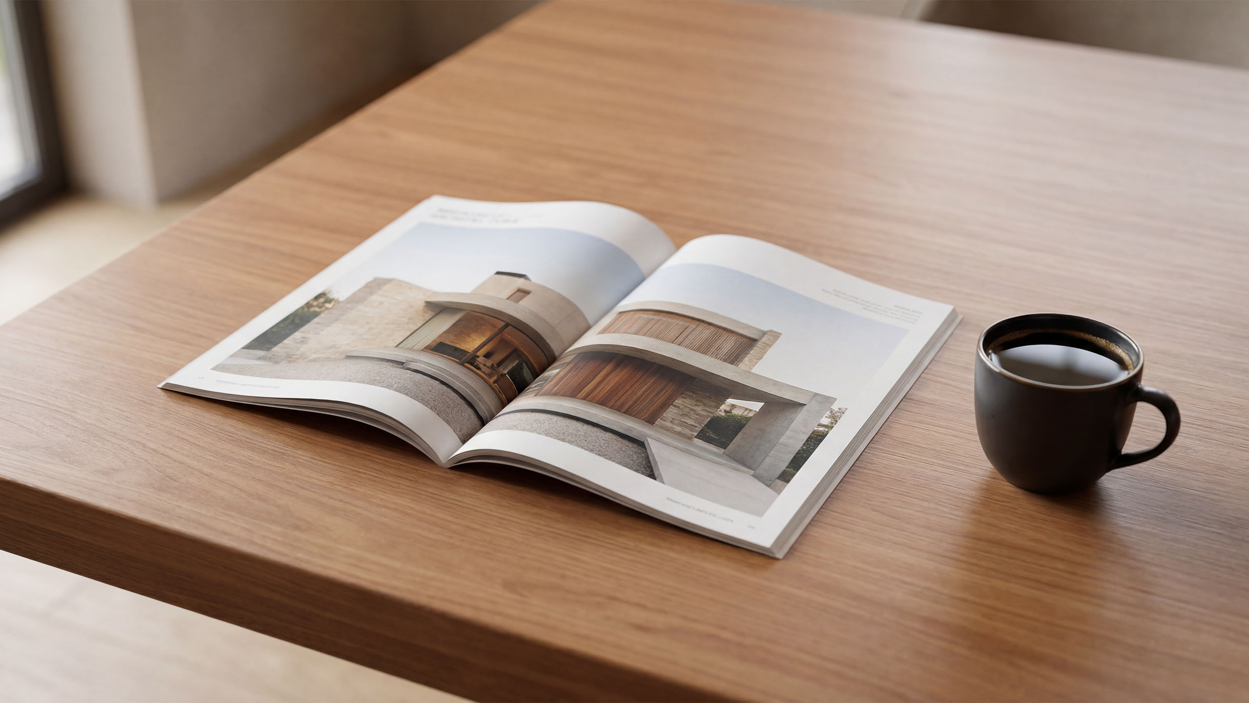 Aufgeschlagenes Architekturmagazin und Kaffeetasse auf einem Holztisch