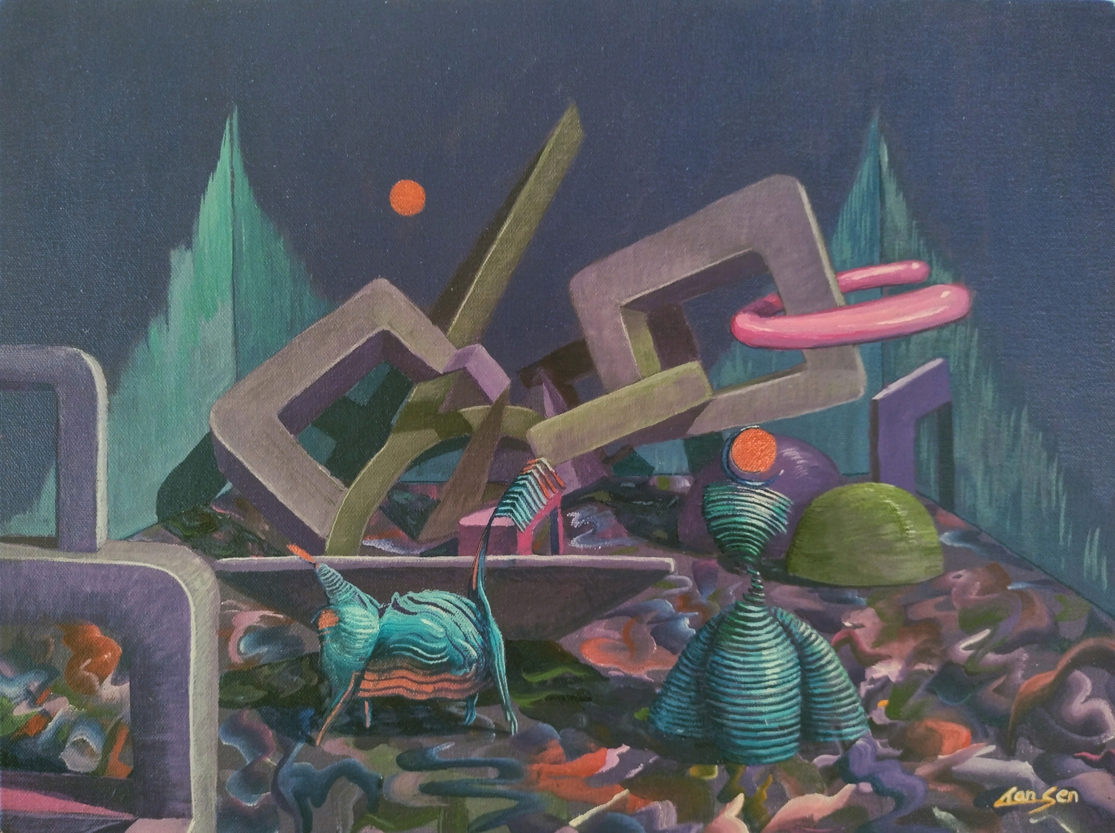 herd of sheep on road painting