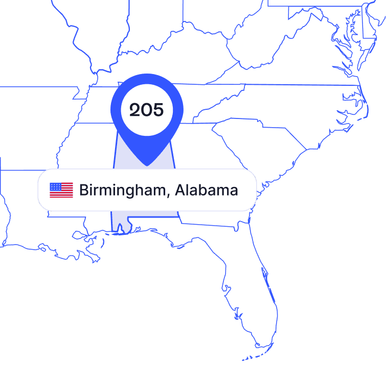 US map of 205 area code phone numbers and its coverage region