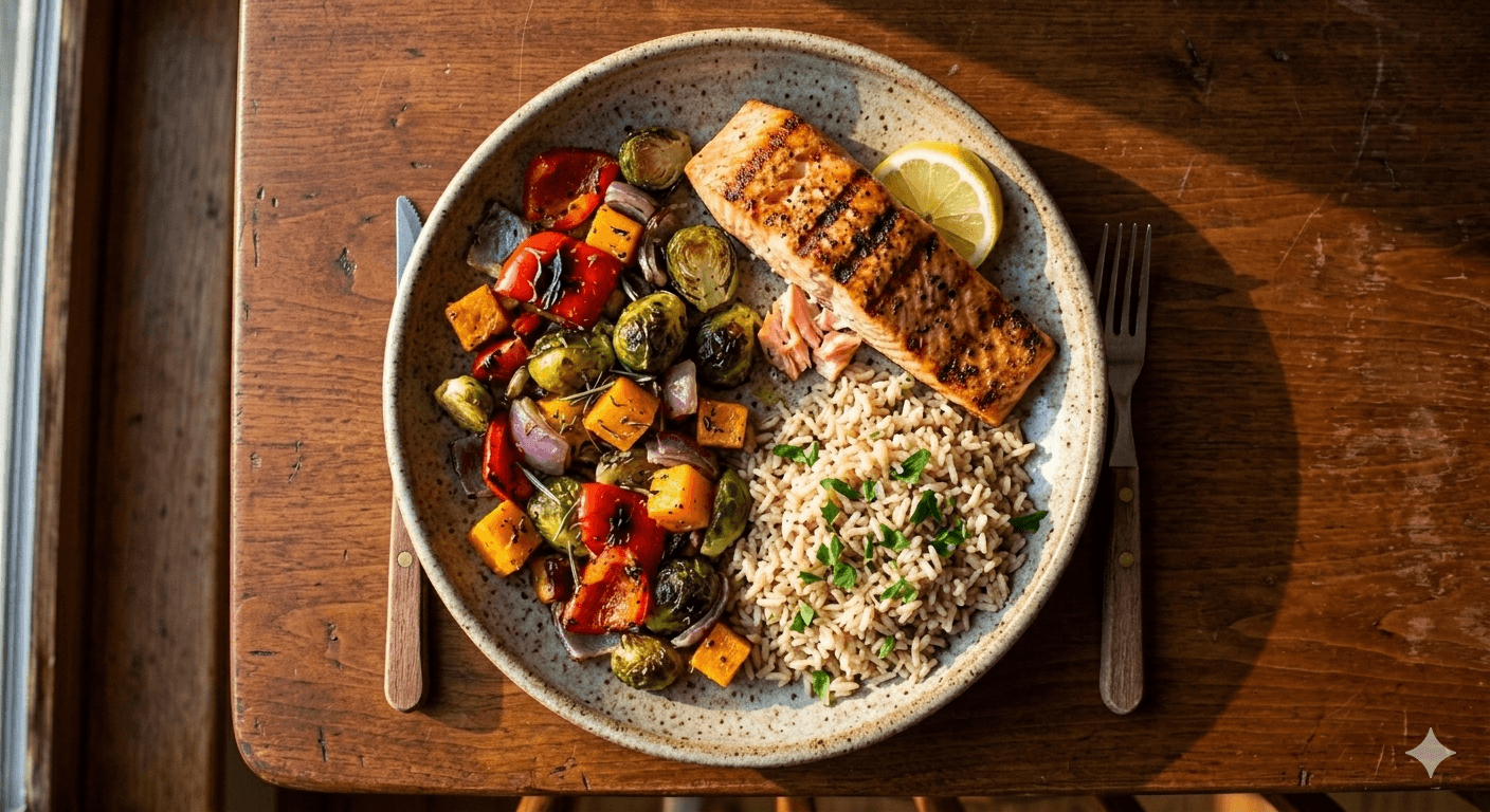 Harvard Plate method in practice — half vegetables, quarter protein, quarter whole grains on a real dinner plate