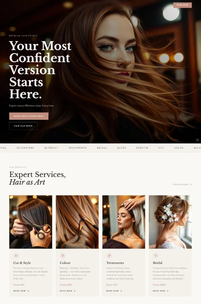 Hair salon website AI prompt – Atelier Blanche cream rose gold design preview
