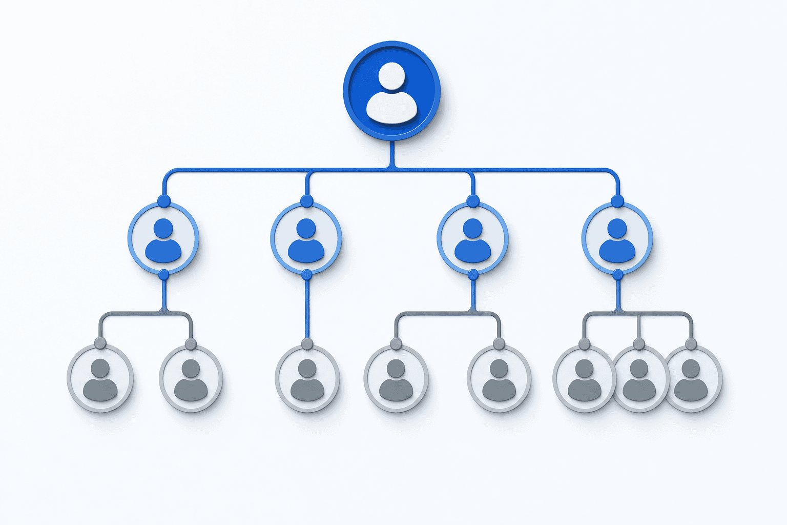 Professional diagram showing a hierarchical organizational structure of government contract relationships, with a prime contractor at the top connected to multiple subcontractors below, and some subcontractors connected to lower-tier subcontractors, creating a multi-level pyramid or tree structure. Clean, modern business illustration style with connected nodes and flowing lines showing the relationship hierarchy. Blue and gray color scheme, minimalist design, no text or labels.