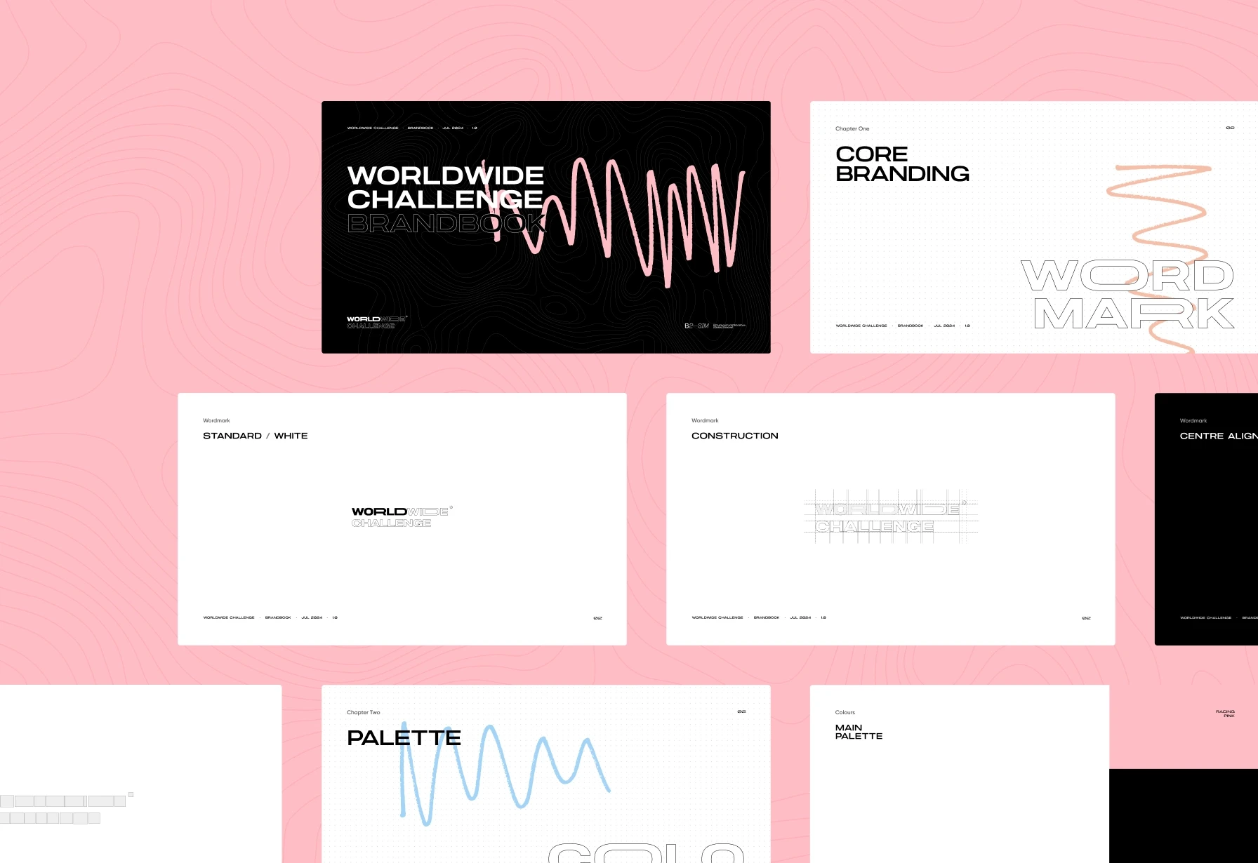 Worldwide Challenge brand book layout with minimalist typography, wavy line graphics, and a pink background.