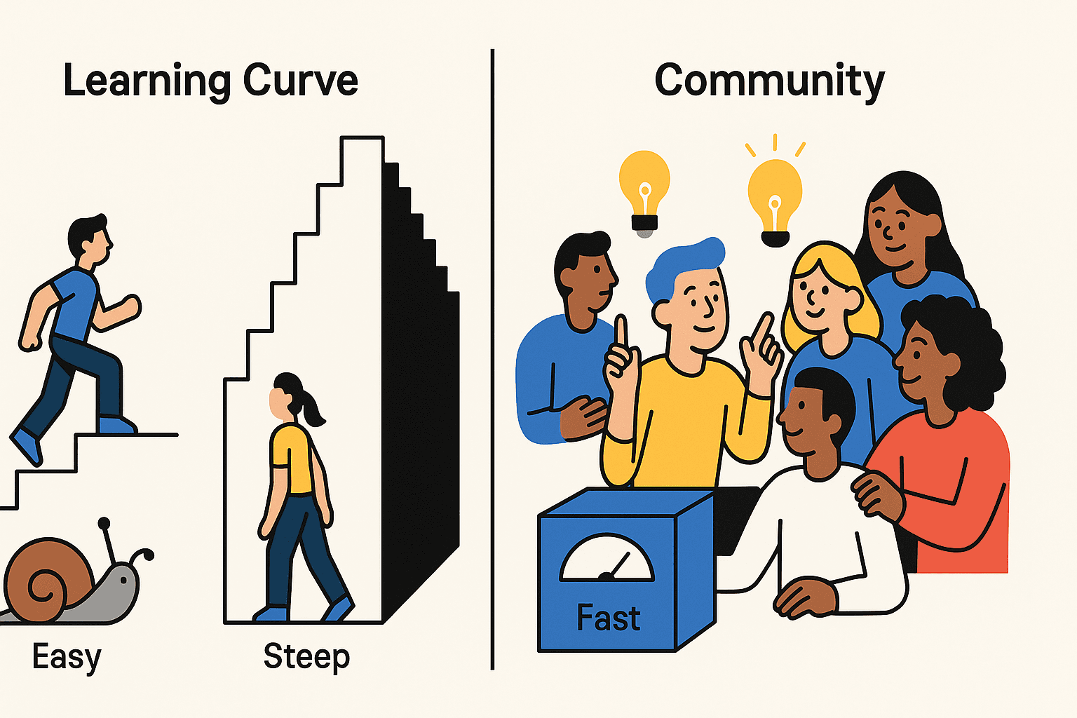 Split landscape illustration showing two parts — left side with an easy staircase and steep staircase labeled 'Learning Curve,' right side with a diverse group sharing ideas and lightbulbs symbolizing strong community collaboration.