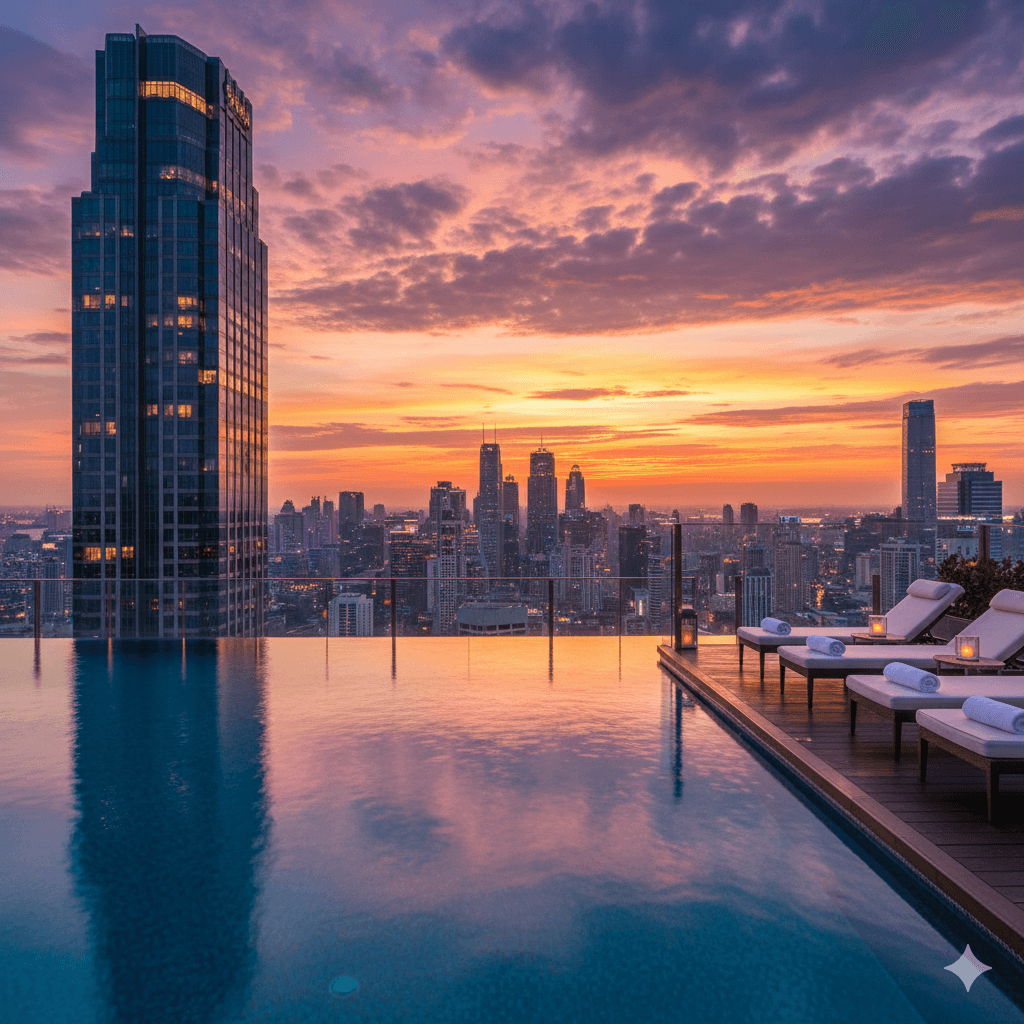 Rooftop infinity pool overlooking city skyline and high-rise apartment towers in Sector 113.