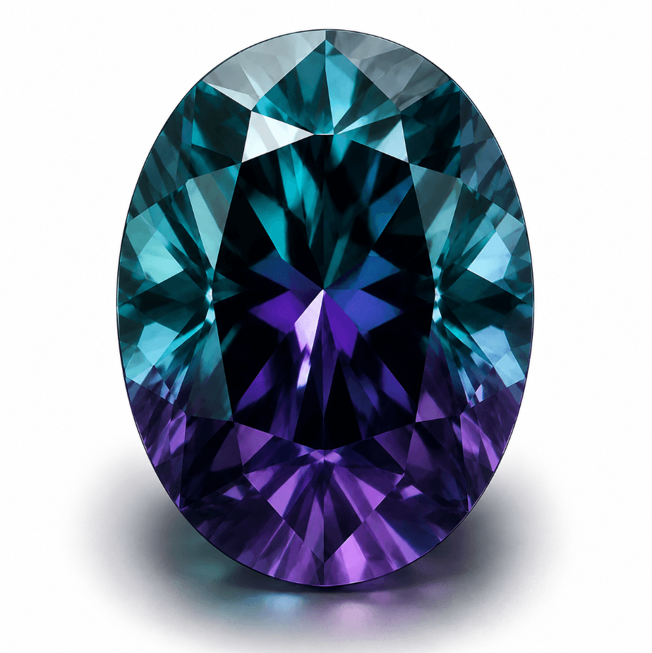 Face up lab grown alexandrite showing color changing properties