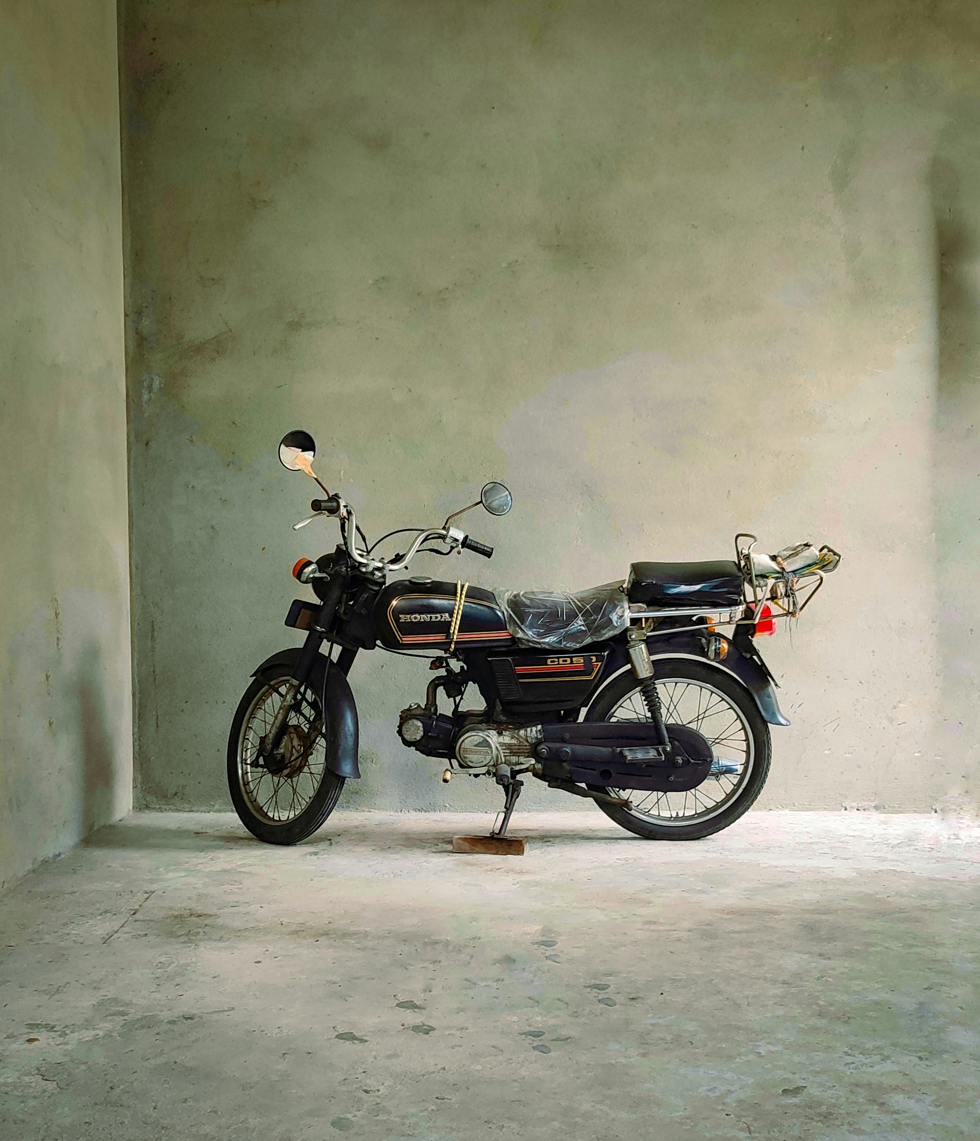 a motorcycle parked in a garage
