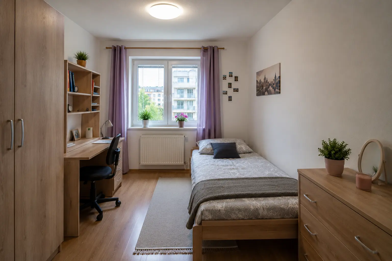 Furnished student room for rent in Košice, Slovakia with bed, desk and storage